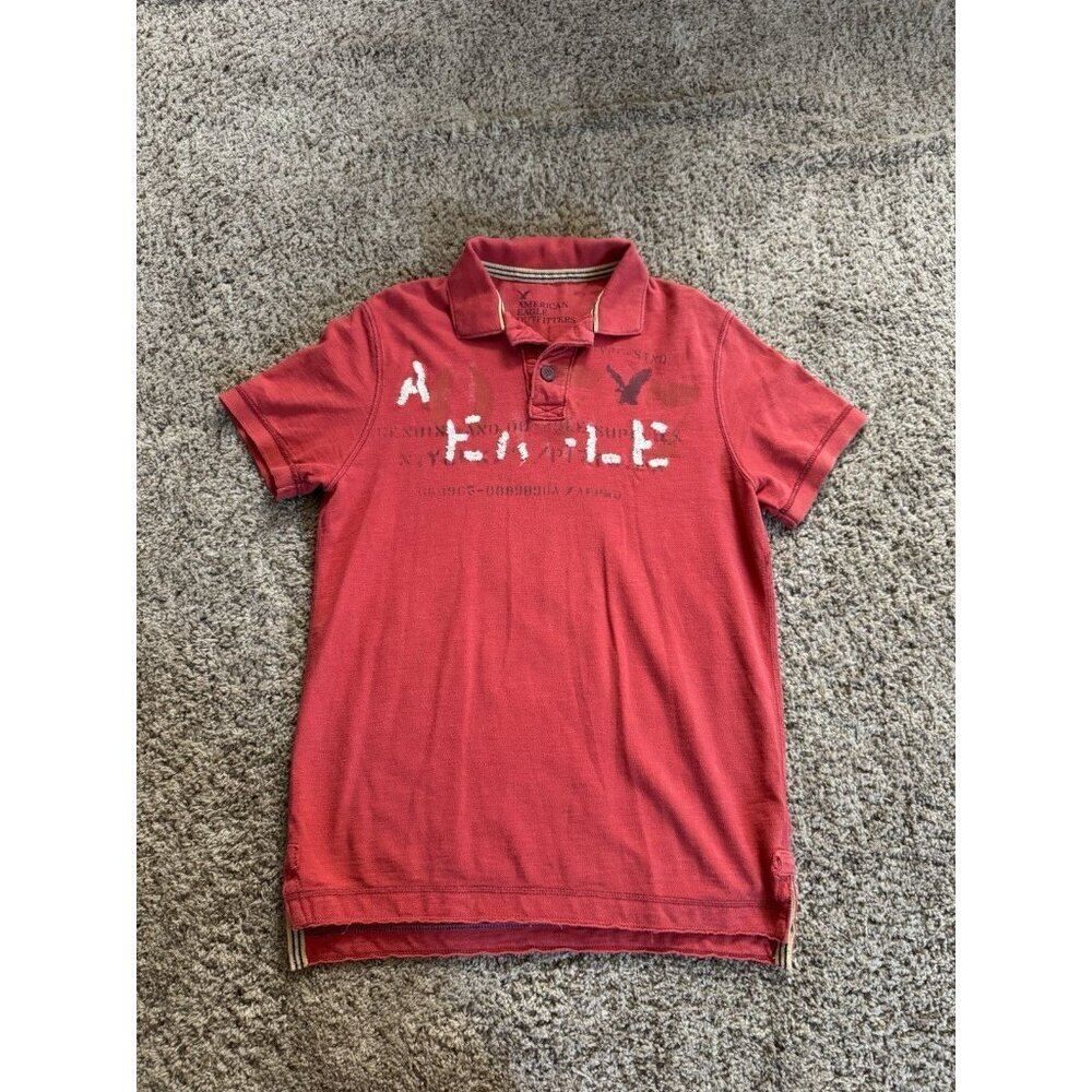 AMERICAN EAGLE Red Polo Shirt Short Sleeve Graphic 90s Y2K Preppy Casual LARGE